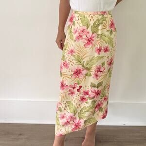 Vintage Floral Maxi Skirt Butter Yellow Rayon Womens' 34 / 16 Petite